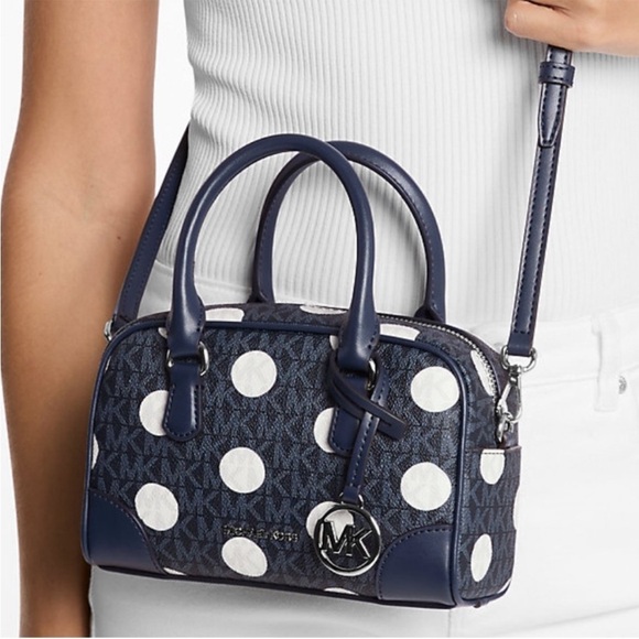Michael Kors Thompson Extra-Small Polka Dot Signature Logo Satchel Bag Navy Blue - Picture 3 of 10